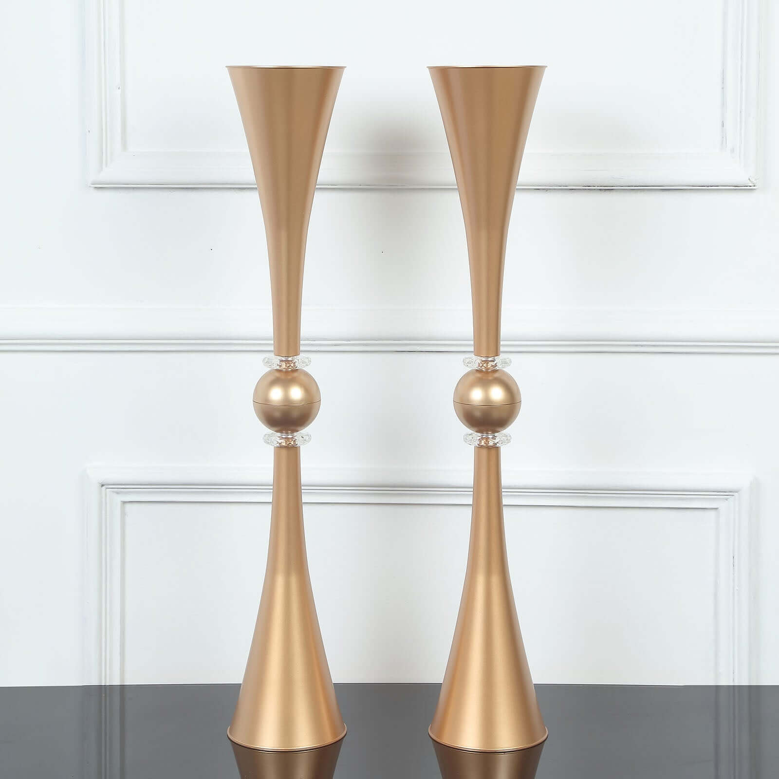 2 Pack 31" Shiny Gold Crystal Embellishment Trumpet Flower Vase, Reversible Plastic Table Centerpiece