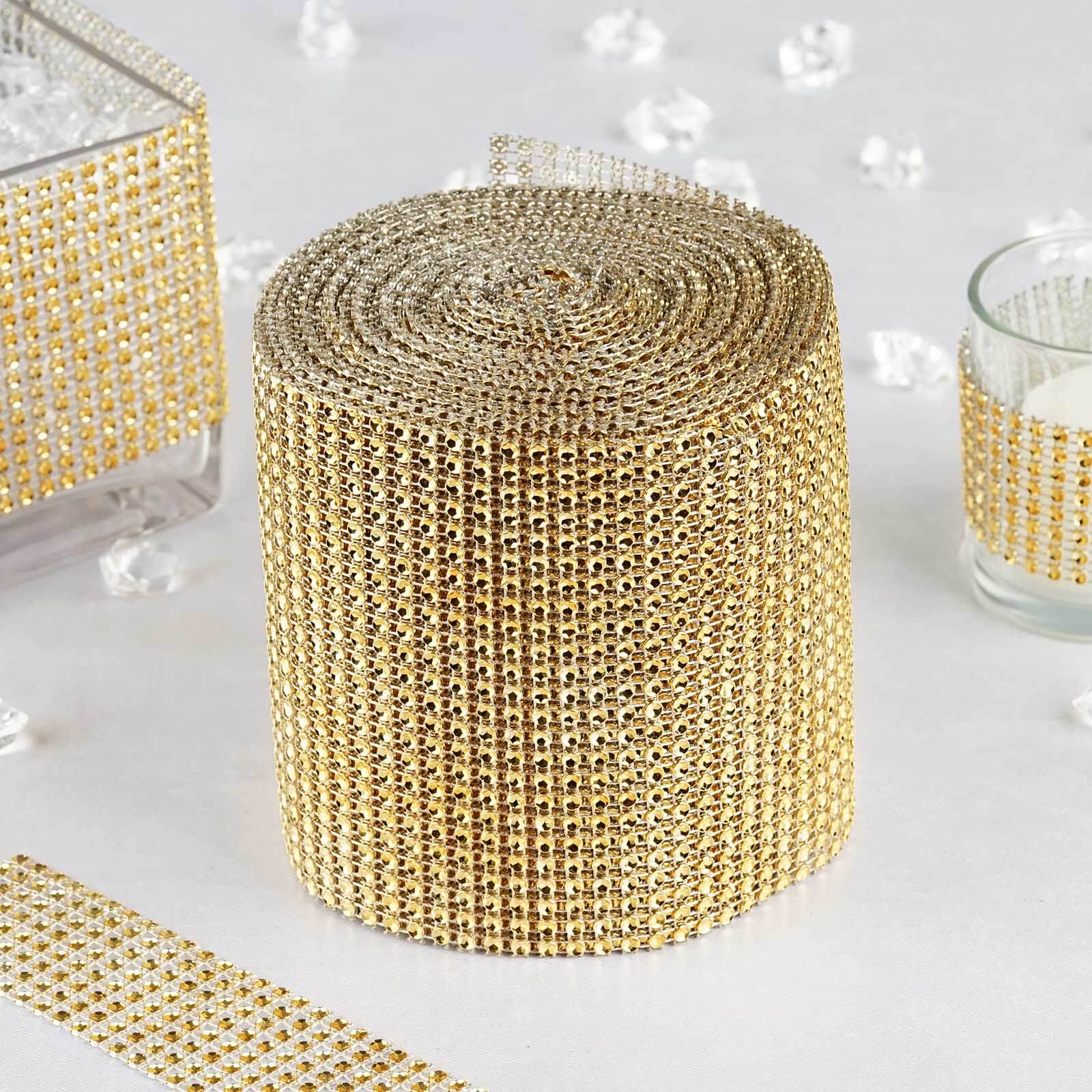 5"x10 Yards Shiny Gold Diamond Rhinestone Ribbon Wrap Roll, DIY Craft Decor