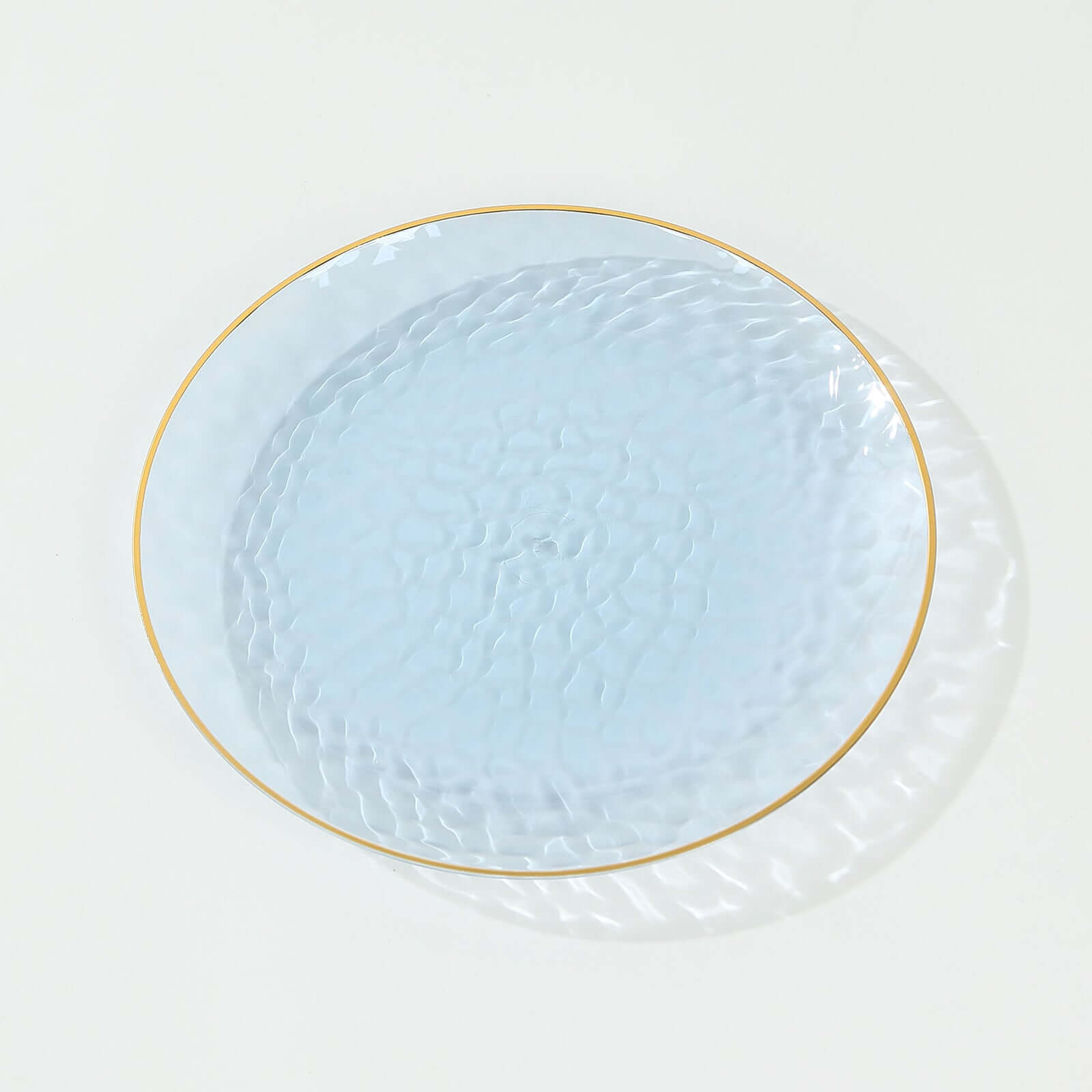 10-Pack Plastic 9" Round Dinner Plates in Transparent Dusty Blue Hammered Design with Gold Rim - Modern Disposable Party Plates