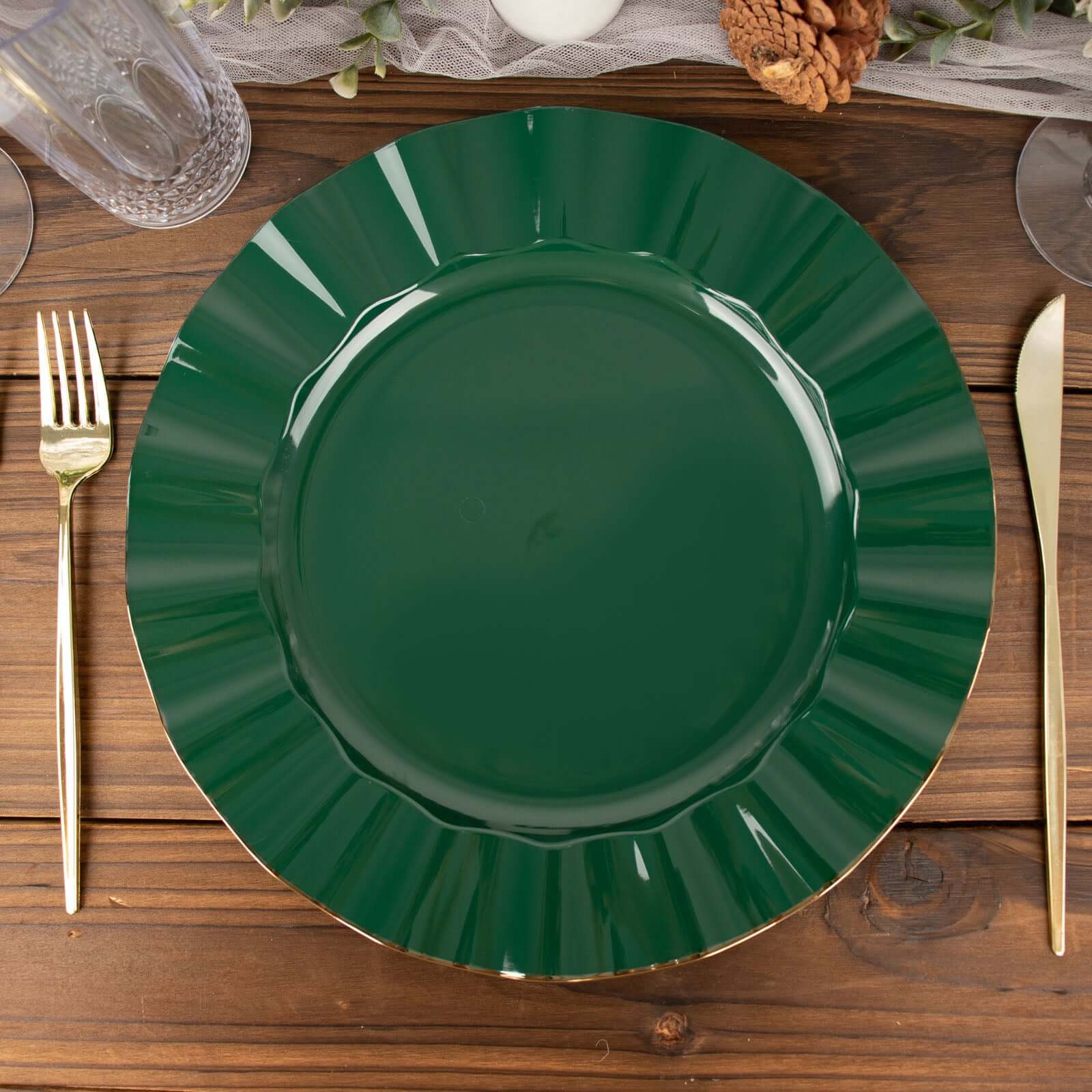 10-Pack Plastic 11" Round Dinner Plates in Hunter Emerald Green Ruffled Rim with Gold Edging - Sturdy Disposable Dinnerware