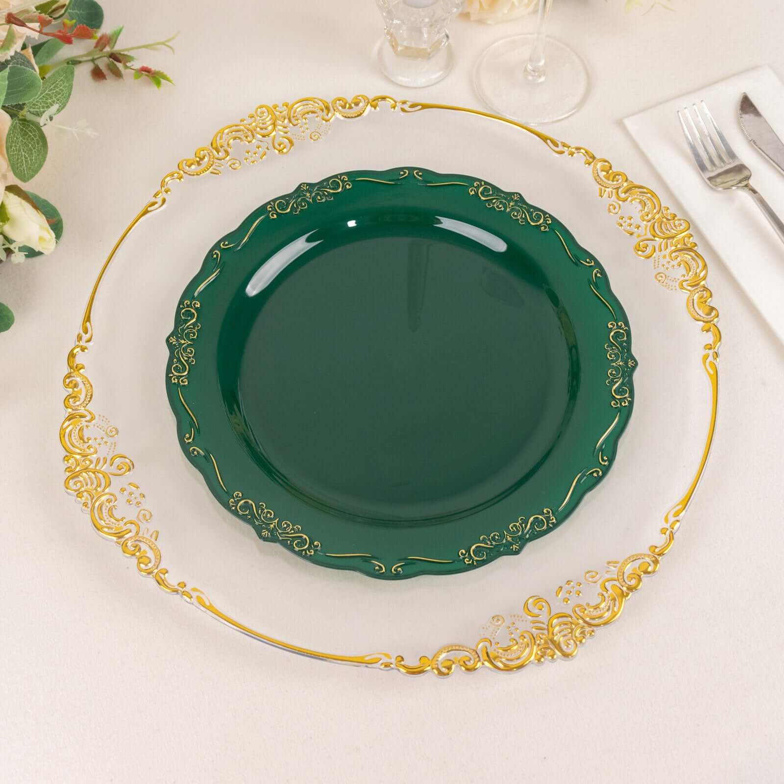 10-Pack Plastic 10" Round Dinner Plates in Hunter Emerald Green with Gold Vintage Embossed Rim - Sturdy Disposable Scalloped Edge Party Plates