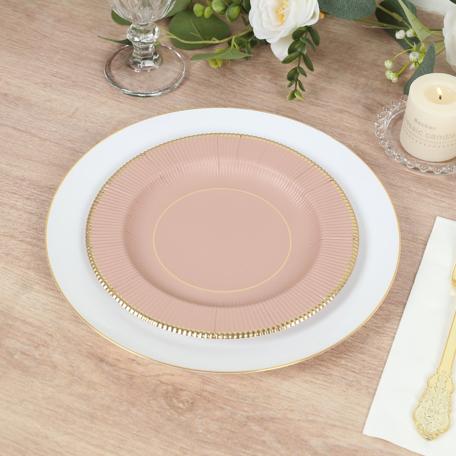 25-Pack Paper 8" Round Dessert Plates in Dusty Rose Sunray Design with Gold Rim - Disposable Heavy Duty 350GSM Appetizer Salad Plates