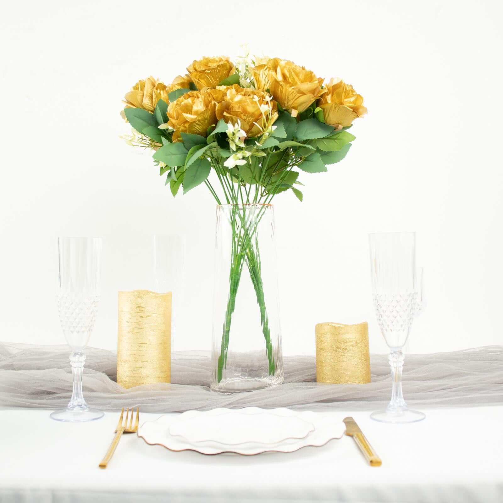 2 Bushes 18" Real Touch Gold Artificial Rose Flower Bouquet, Silk Long Stem Flower Arrangements