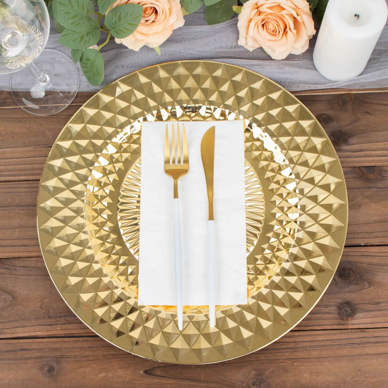 6-Pack Plastic Round Charger Plates 13" in Gold with Diamond Pattern, Sparkling Disposable Dinner Charger Tableware