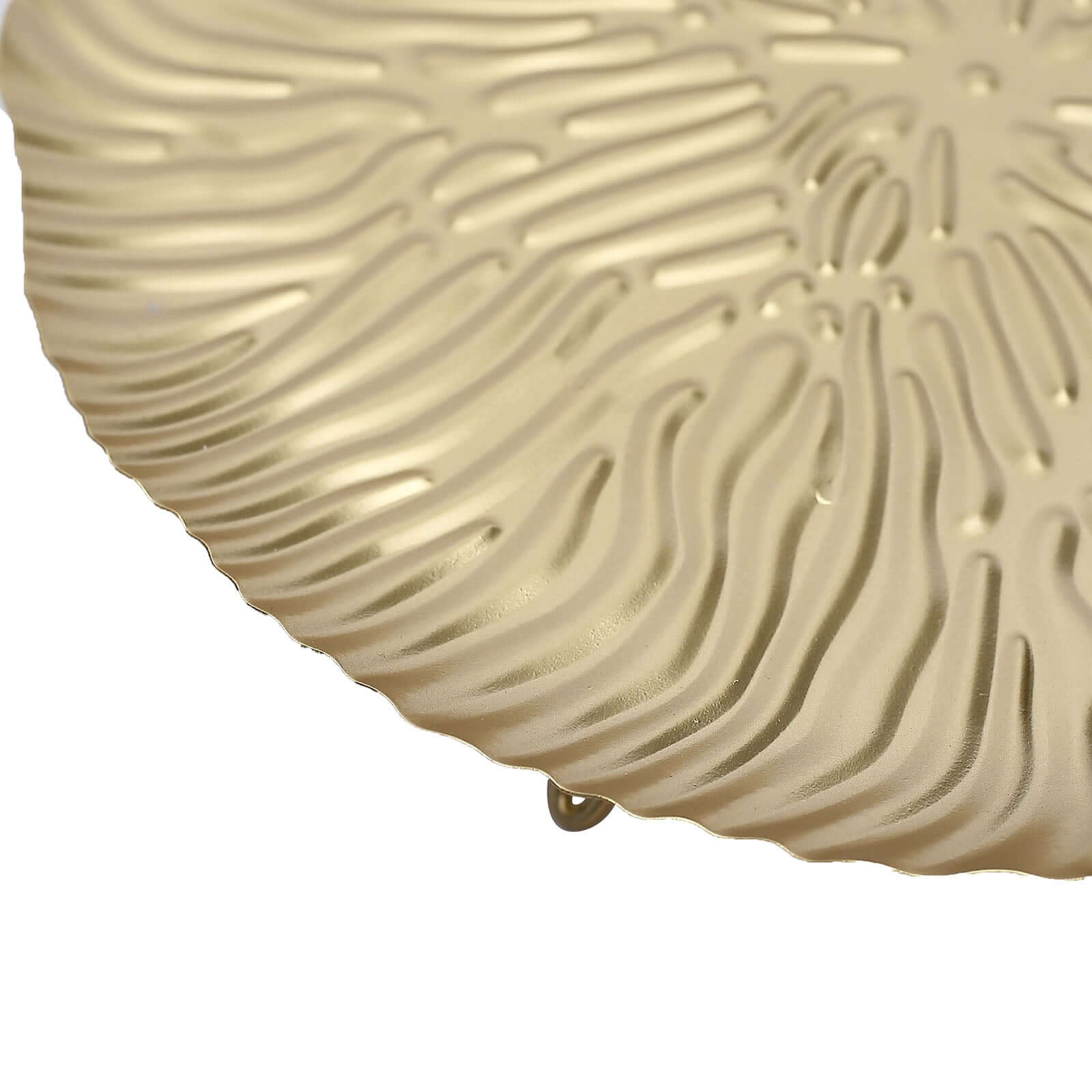 Metal Round Serving Tray 12" in Gold Floral Pattern with Wavy Rim, Pedestal Dessert Display with Hairpin Legs