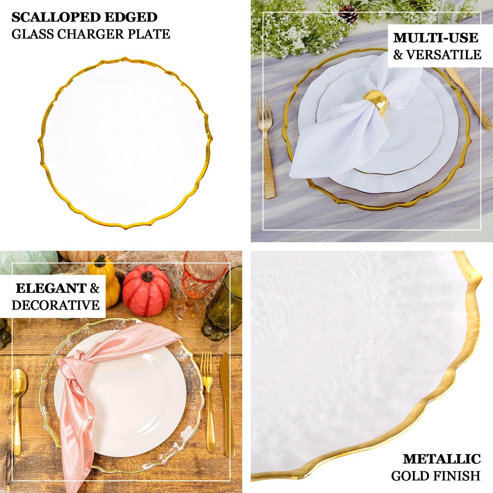 8-Pack Glass Round Charger Plates 13" in Clear with Gold Sunflower Scalloped Rim, Decorative Dinner Chargers