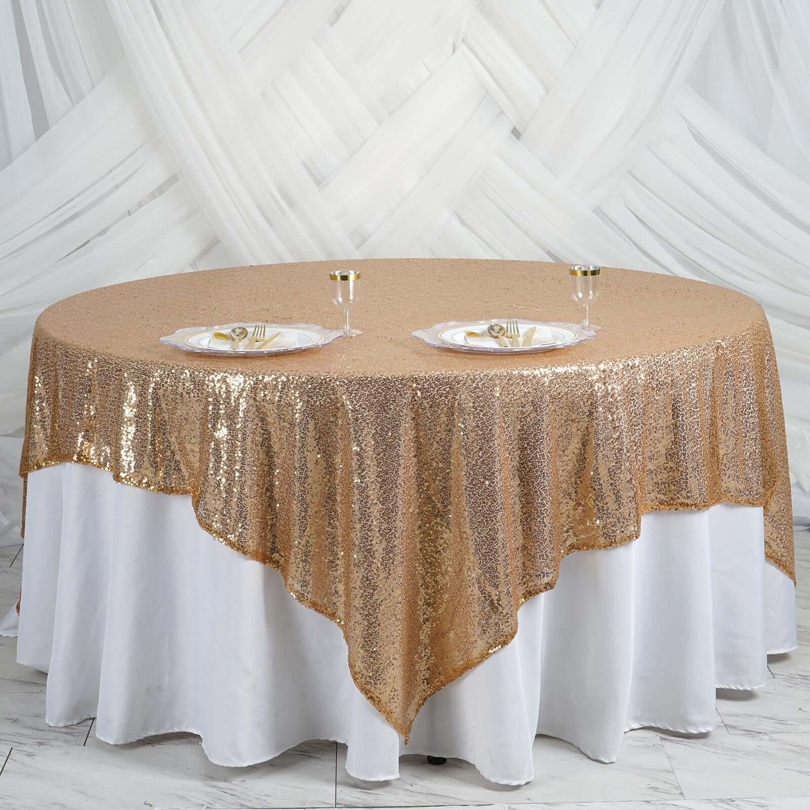 Sequin 90"x90" Table Overlay Square Tablecloth Gold - Sparkly Design for Stylish Celebrations
