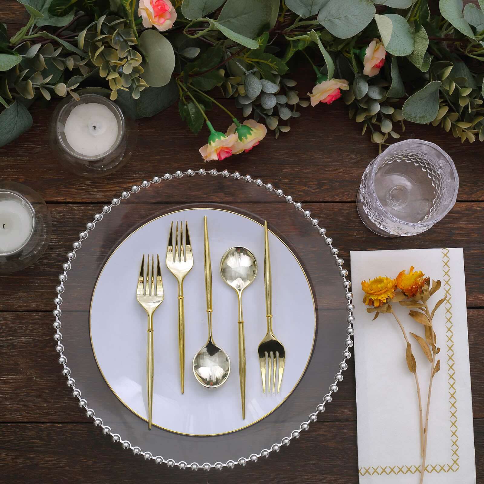 24-Pack Plastic Fork and Spoon Set Metallic Gold - Heavy Duty Disposable Modern Utensils 6"