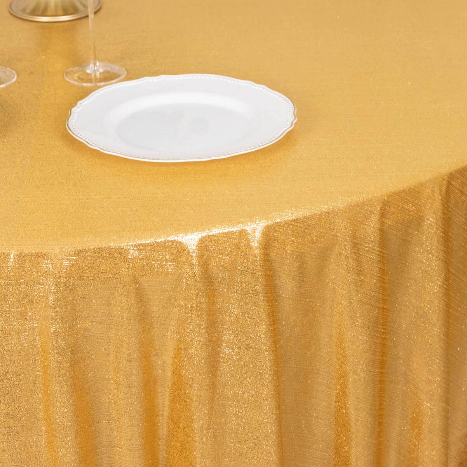 Sequin Dots Polyester Round 120" Tablecloth Shimmering Gold - Wrinkle Free & Sparkling Table Cover for Stylish Event Decor