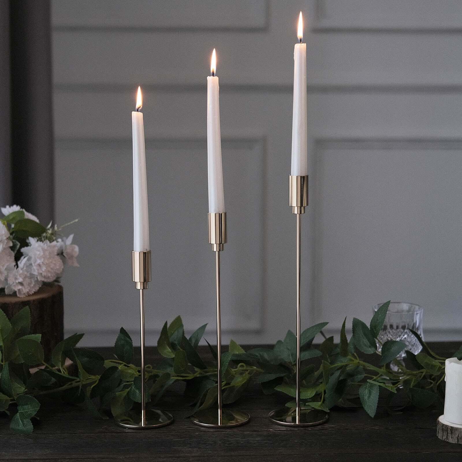 Set of 3 Taper Candle Stands Gold Metal Decorative Round Base Design - Wedding Table Accents 9", 10", 13"