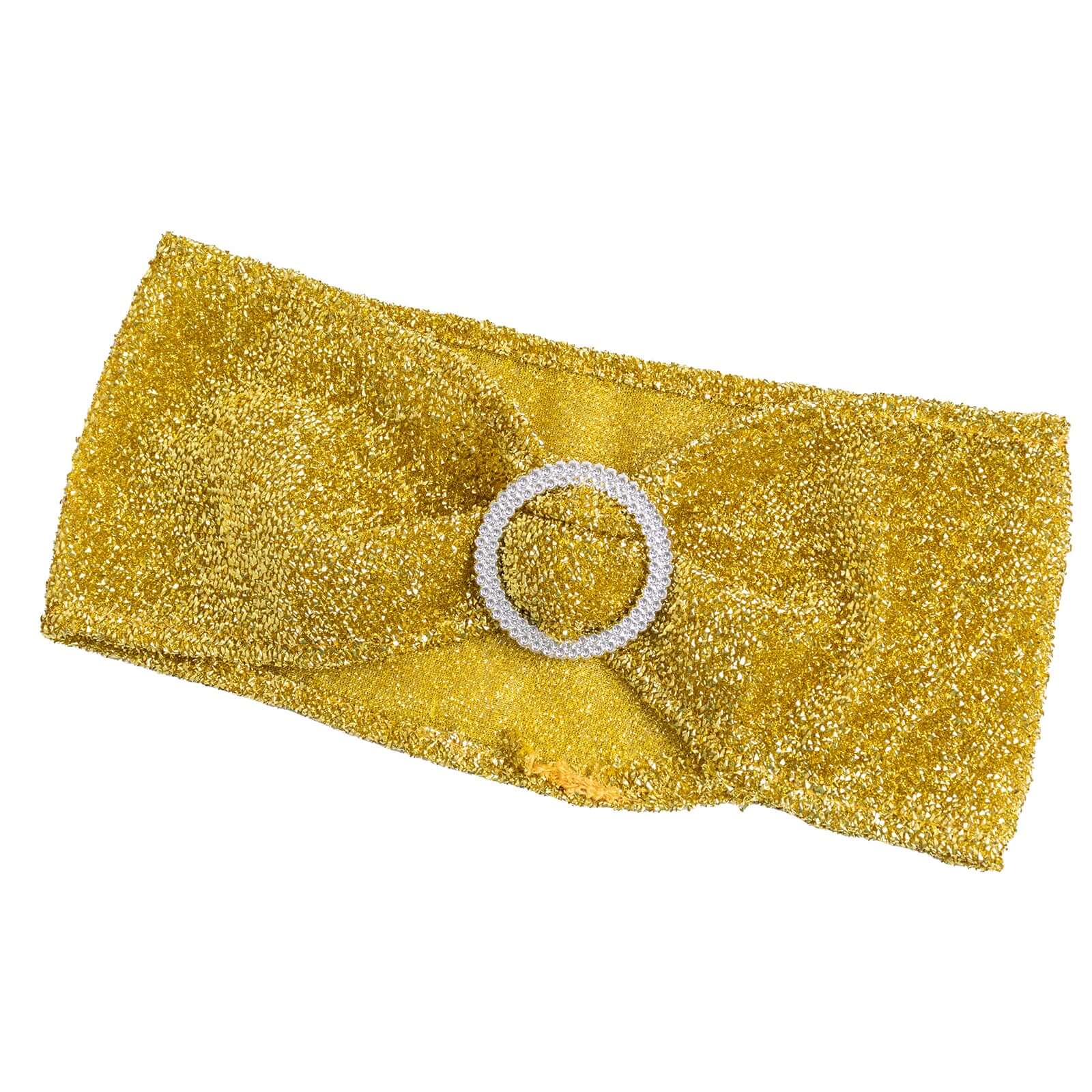 5 Pack Chair Sashes Shimmer Tinsel Spandex 5"x12" with Silver Rhinestone Buckles Gold - Stylish Decor for Weddings