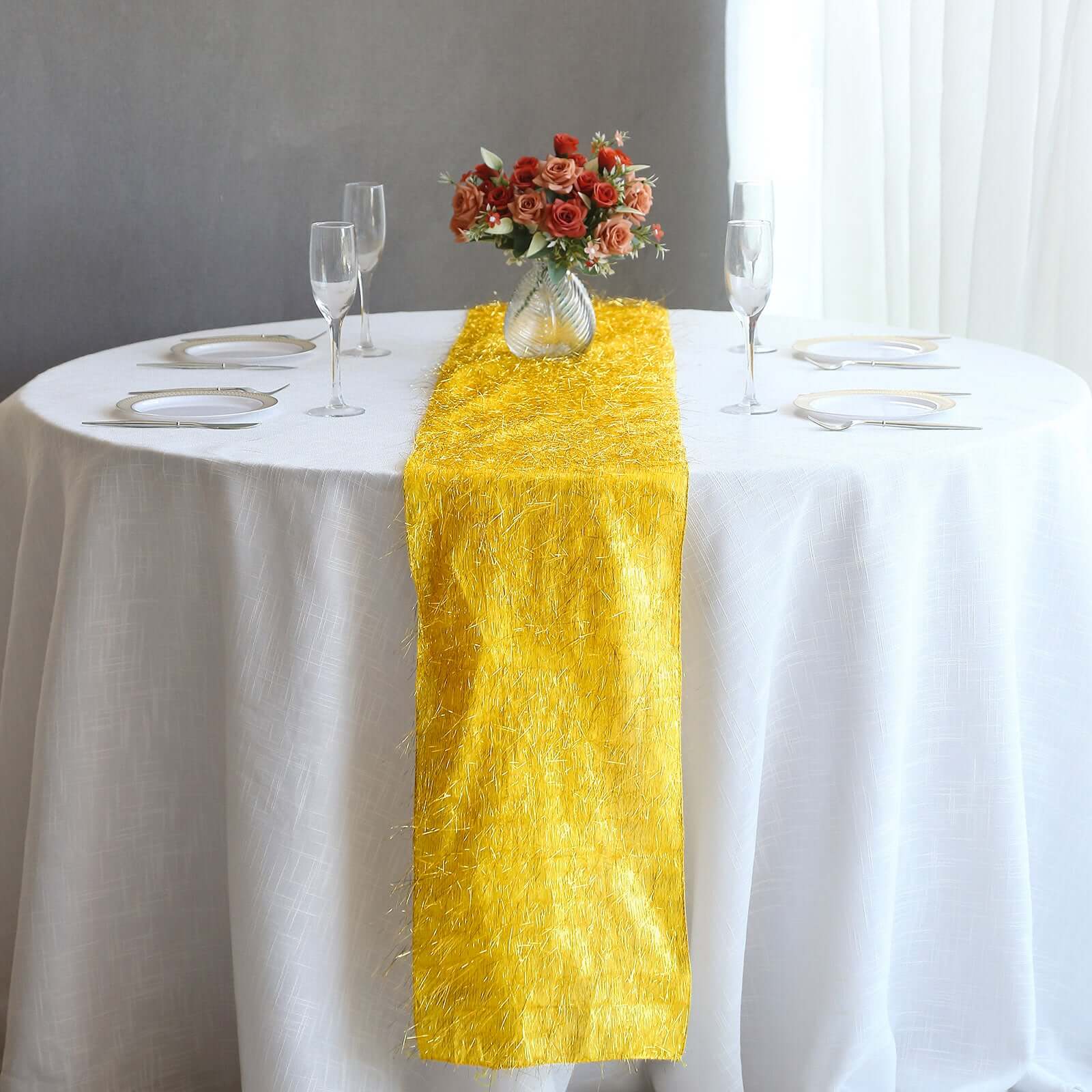 Metallic Tinsel Polyester 12"x108" Table Runner Gold - Shimmery Fringe Shag Event Table Decor