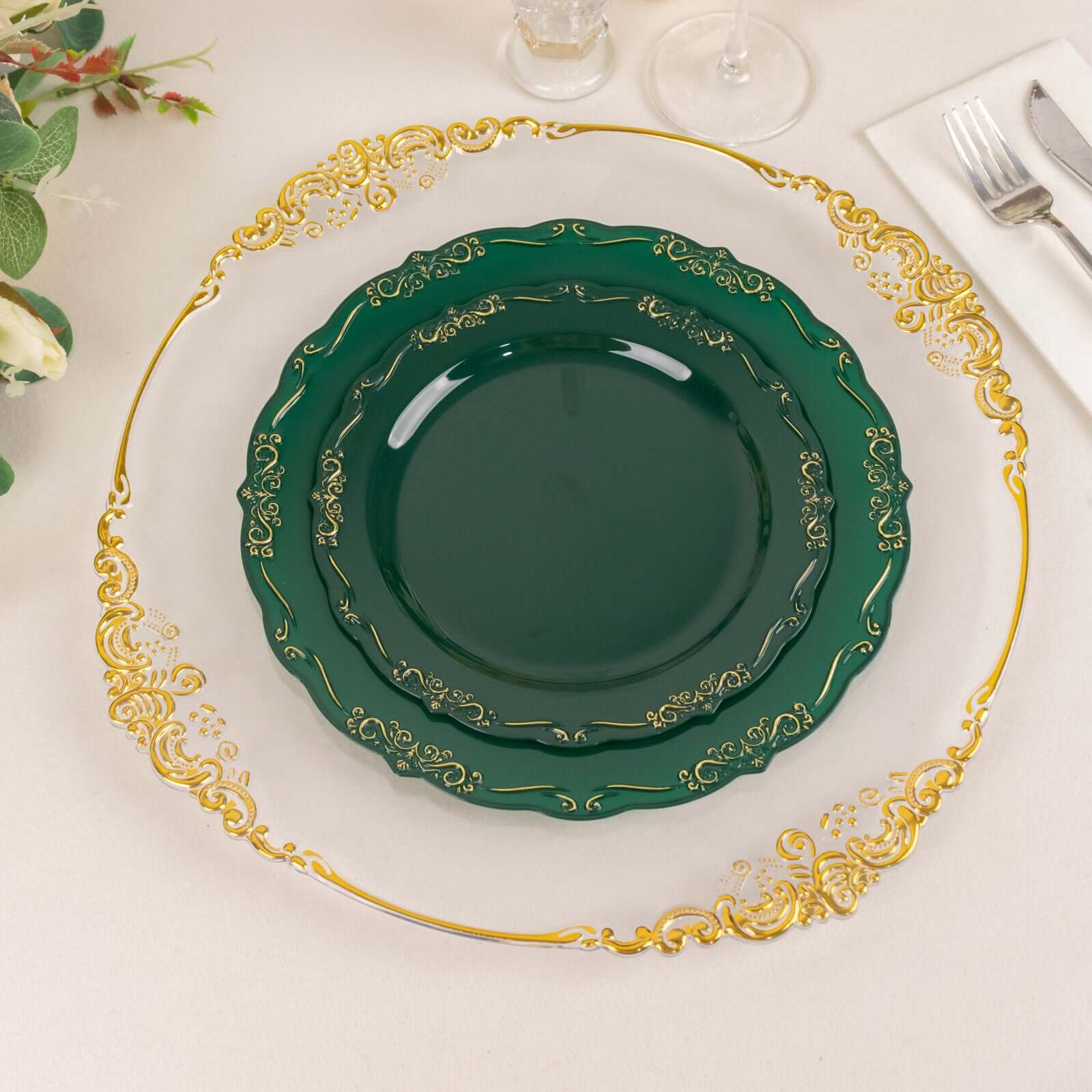 10-Pack Plastic 7" Round Dessert Plates in Hunter Emerald Green with Gold Vintage Embossed Rim - Sturdy Disposable Scalloped Edge Salad Plates