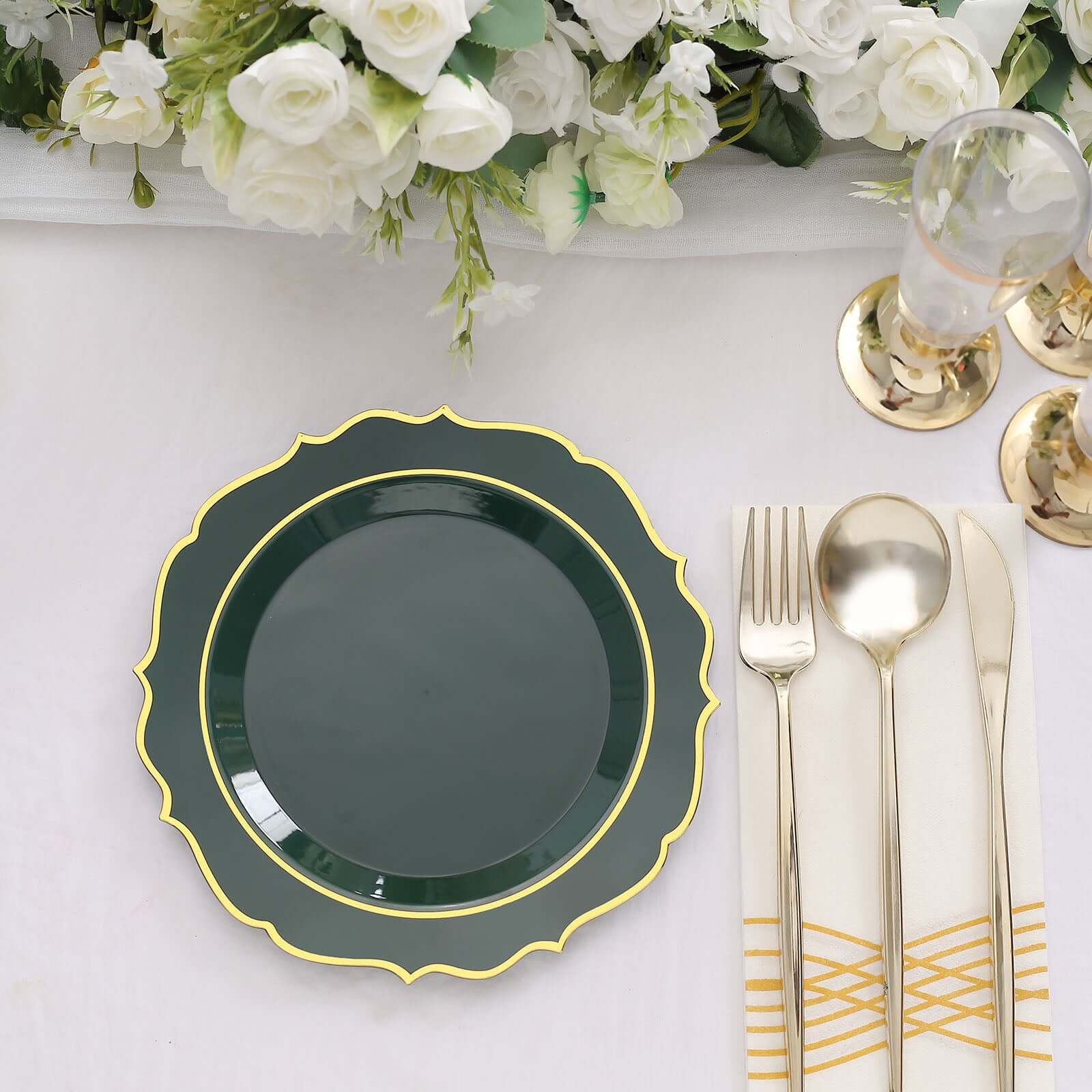10-Pack Plastic 8" Round Dessert Plates in Hunter Emerald Green with Gold Scalloped Rim - Disposable Appetizer/Salad Plates