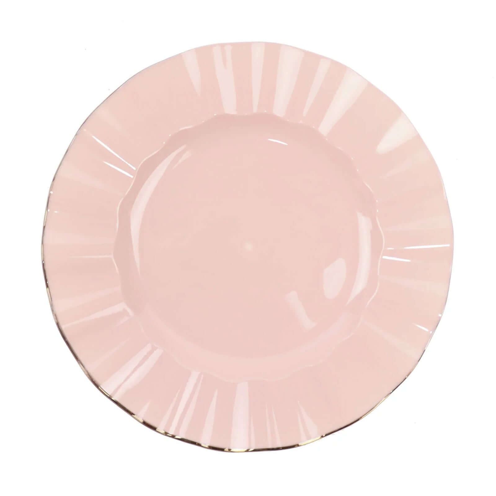 10-Pack Plastic 9" Round Dinner Plates in Blush Ruffled Rim with Gold Edging - Sturdy Disposable Dinnerware