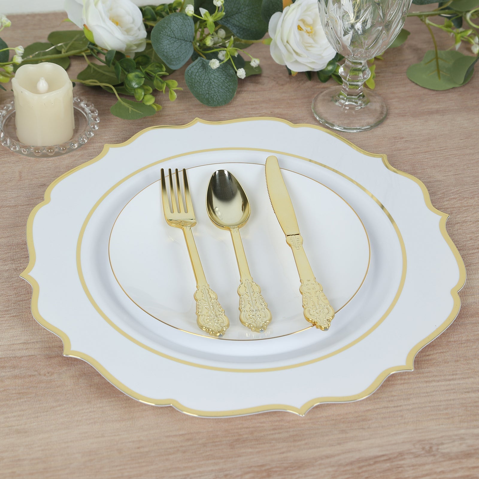10-Pack Economy Plastic Round Charger Plates 13" in White with Gold Scalloped Rim, Decorative Dinner Party Serving Plates
