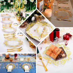 10-Pack Plastic 8" Round Dessert Plates in Clear with Gold Vintage Baroque Scalloped Rim - European Style Disposable Salad Appetizer Plates