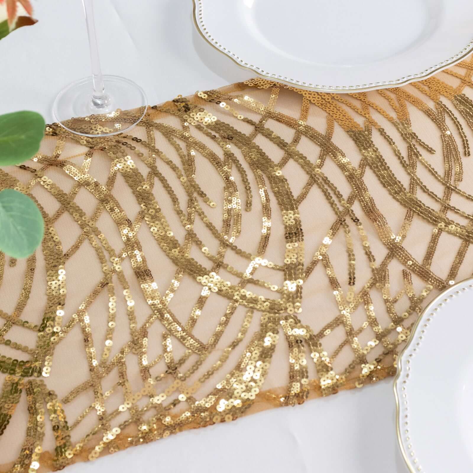 Sequin Mesh 12"x108" Table Runner Gold Wave Embroidered Design for Stylish Occasions