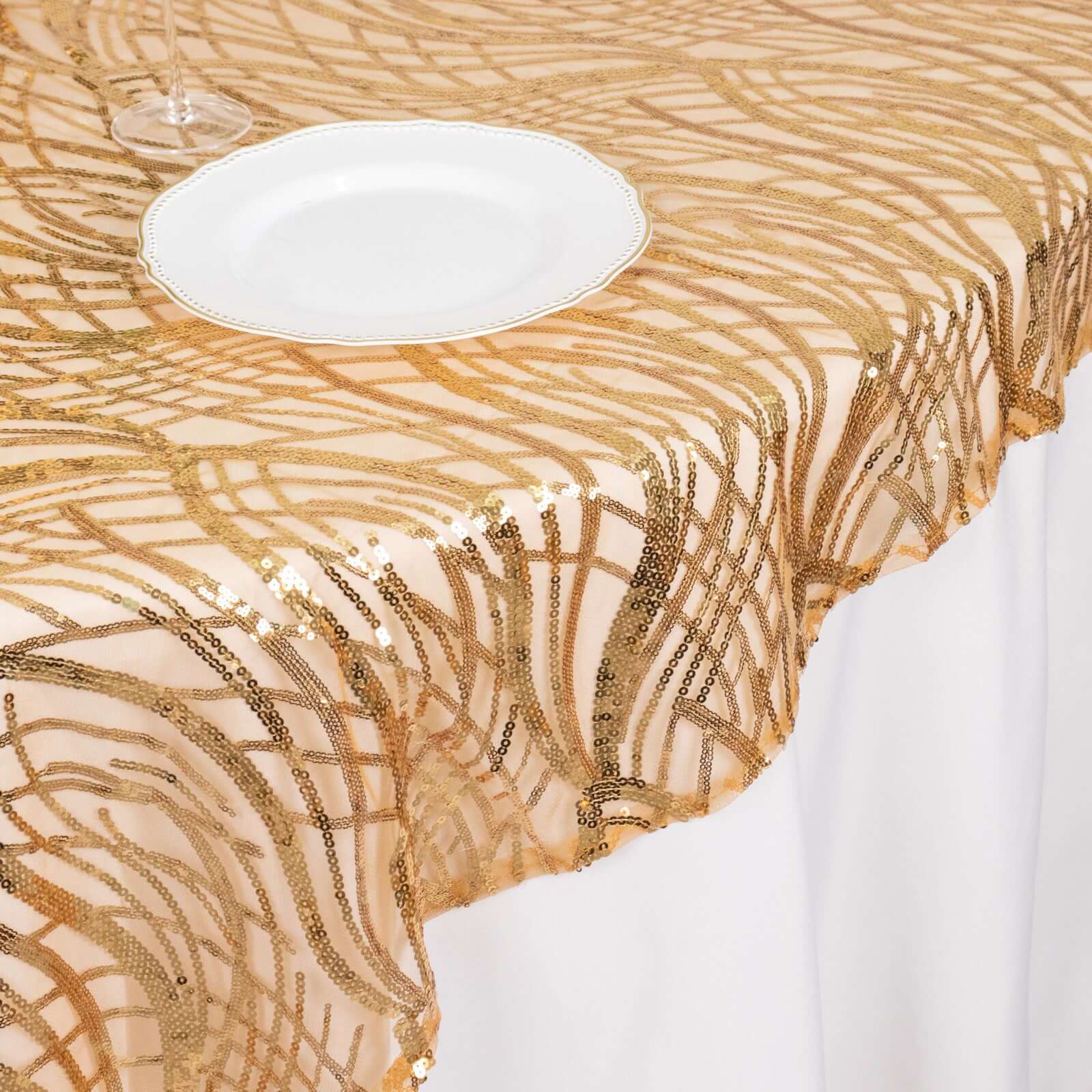 Mesh 72"x72" Table Overlay Square Tablecloth Gold Wave Design with Embroidered Sequins for Stylish Occasions