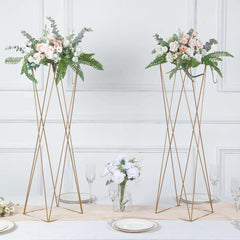 2-Pack Wedding Centerpieces Metal Geometric Crisscross Design Gold - Open Column Pedestal Stands 32"