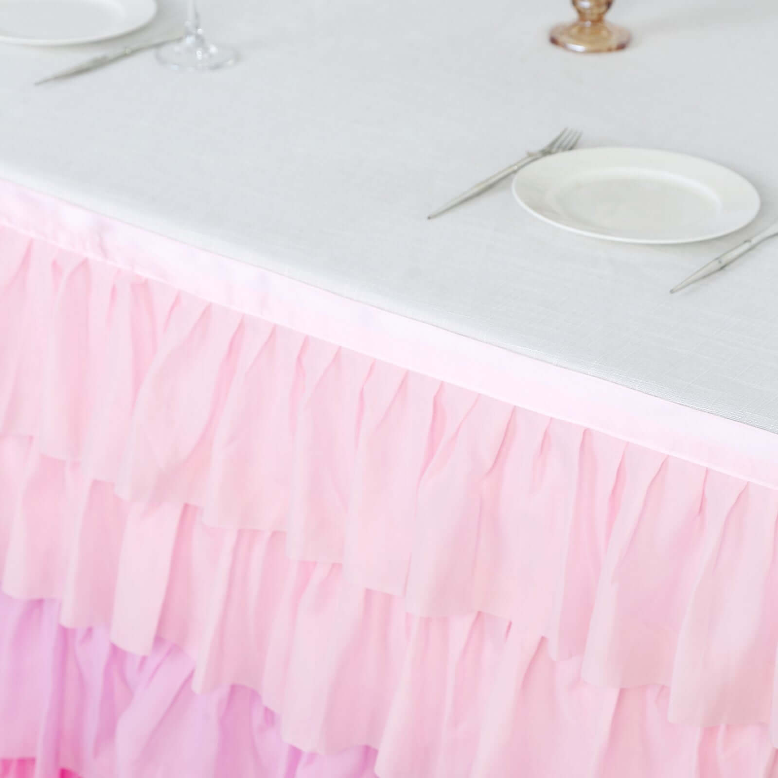 Chiffon 14ft Table Skirt Gradient Pink - Stylish 5-Tier Ombre Ruffled Tutu Table Cover with Satin Backing for Weddings & Celebrations