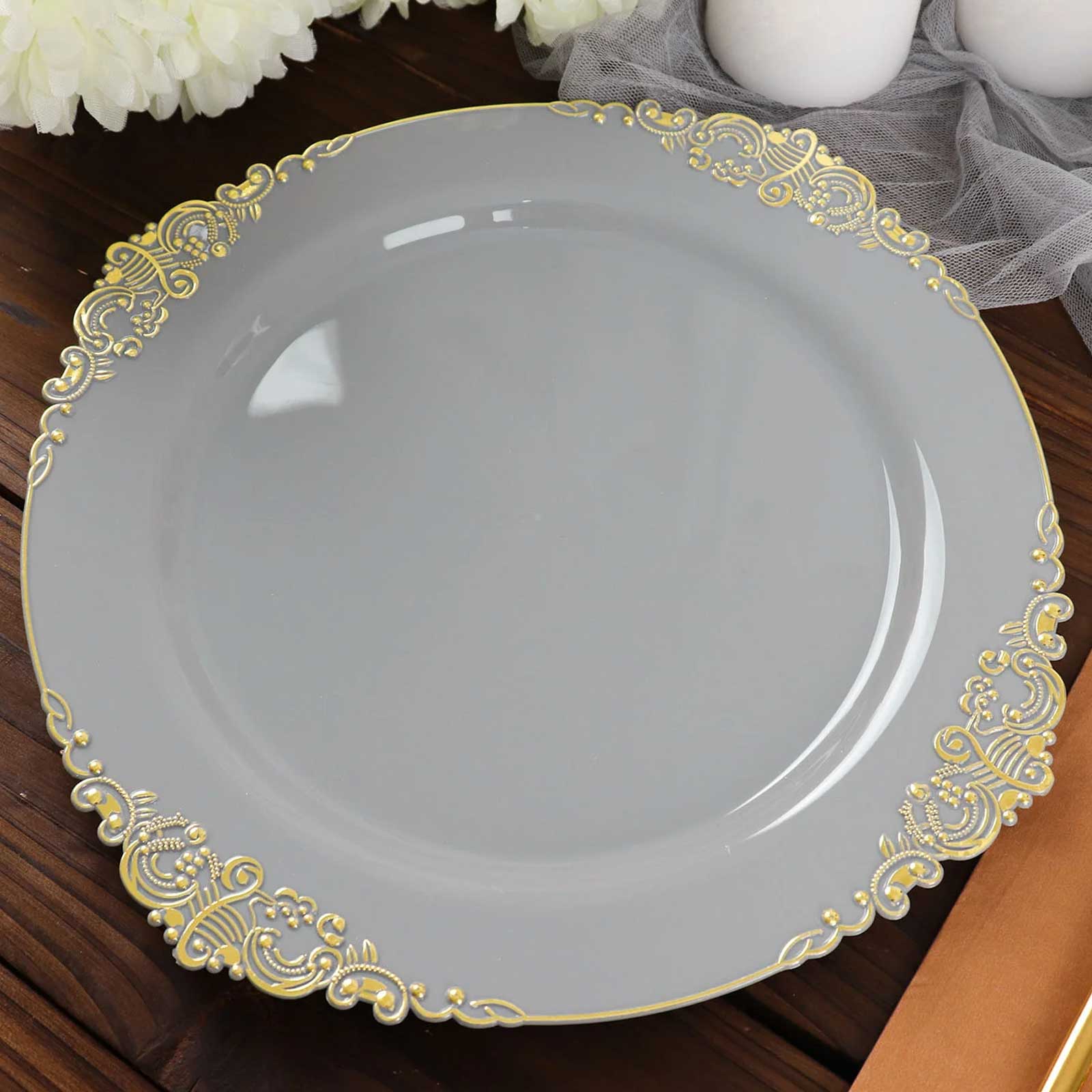 10-Pack Plastic 10" Round Dinner Plates in Gray with Gold Leaf Embossed Rim - Disposable Vintage Baroque Style Plates