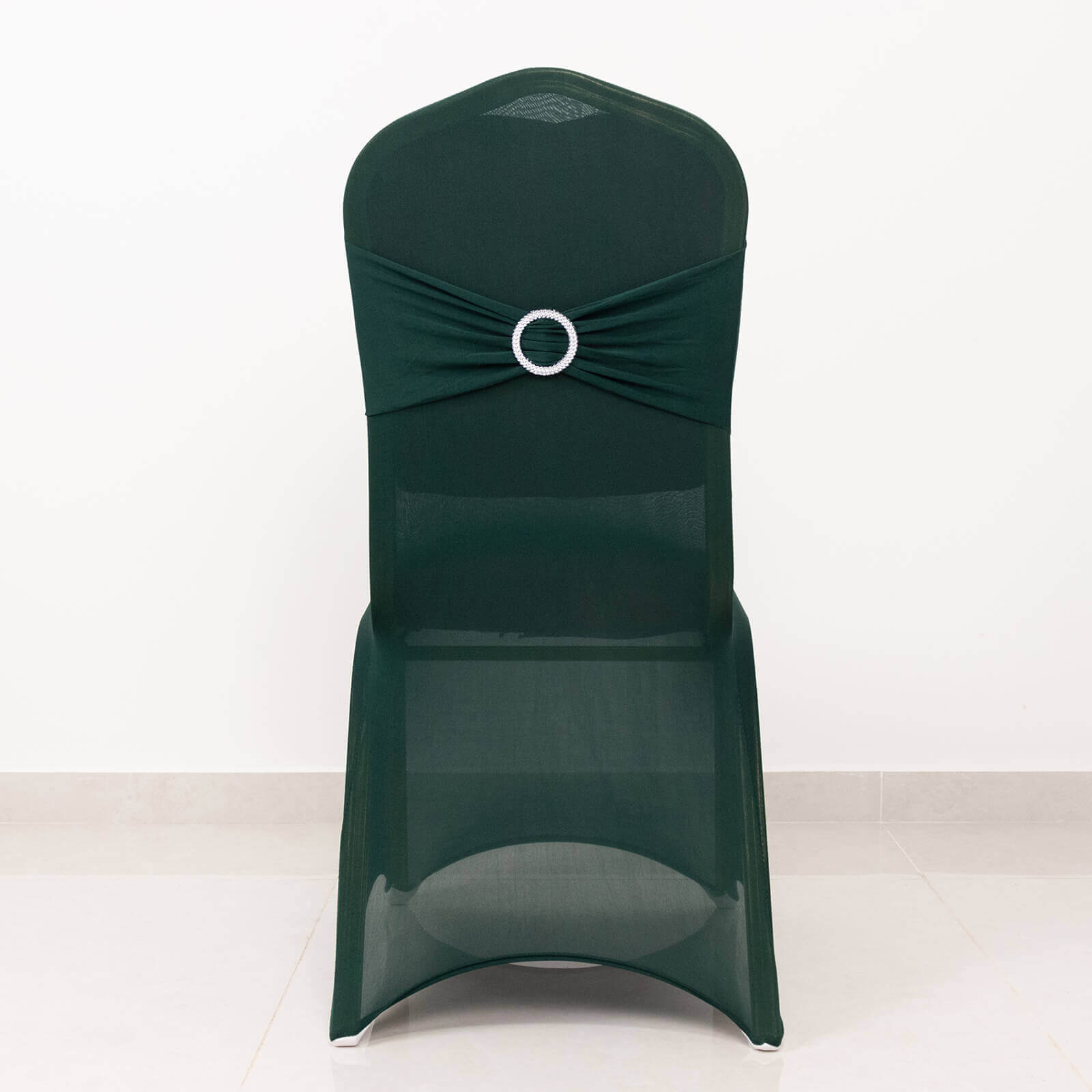 Spandex Chair Cover with Silver Rhinestone Buckled Sash Band Hunter Emerald Green - Stretch Fitted Slipcover