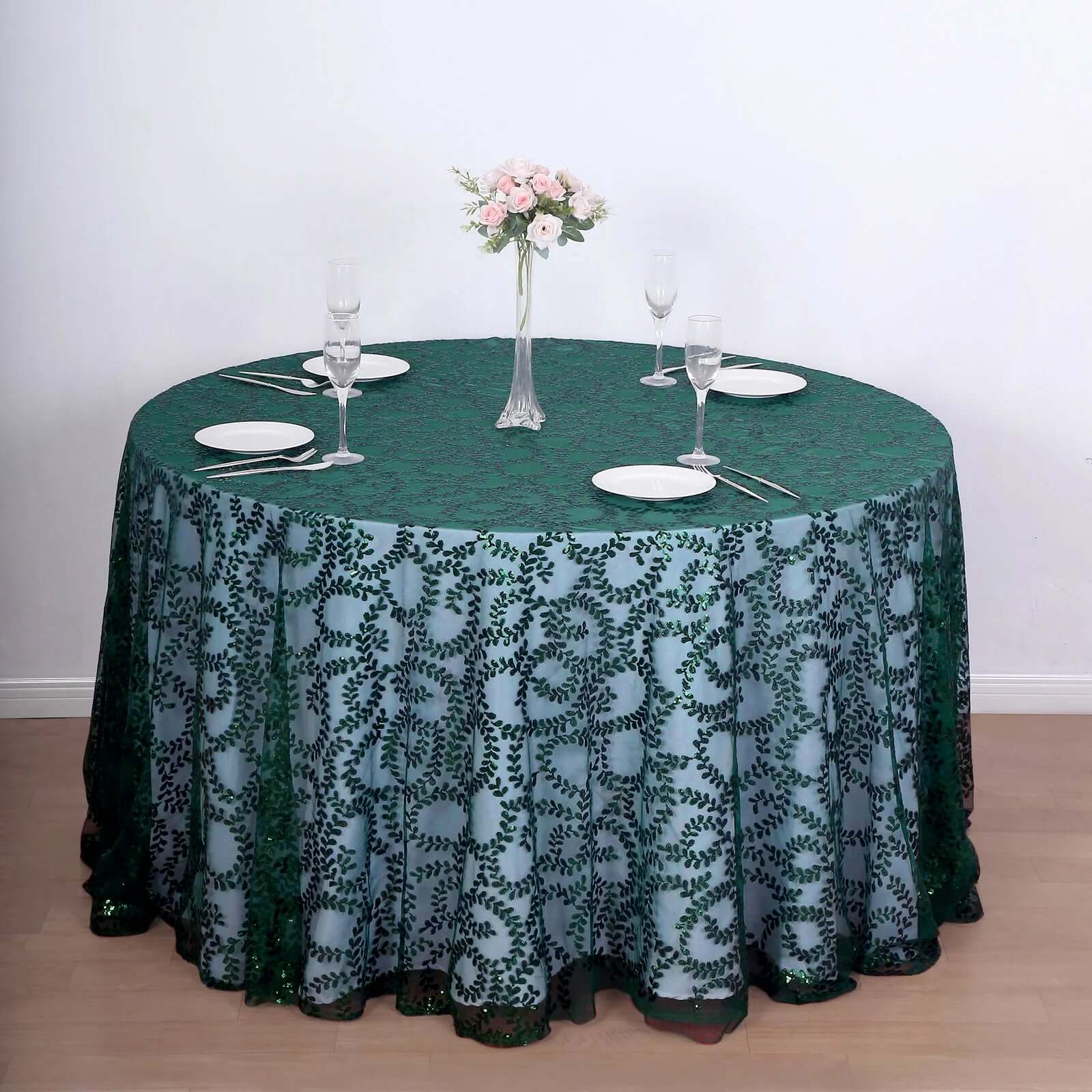 Tulle 120" Round Tablecloth Hunter Emerald Green - Seamless Sequin Leaf Embroidered Table Cover