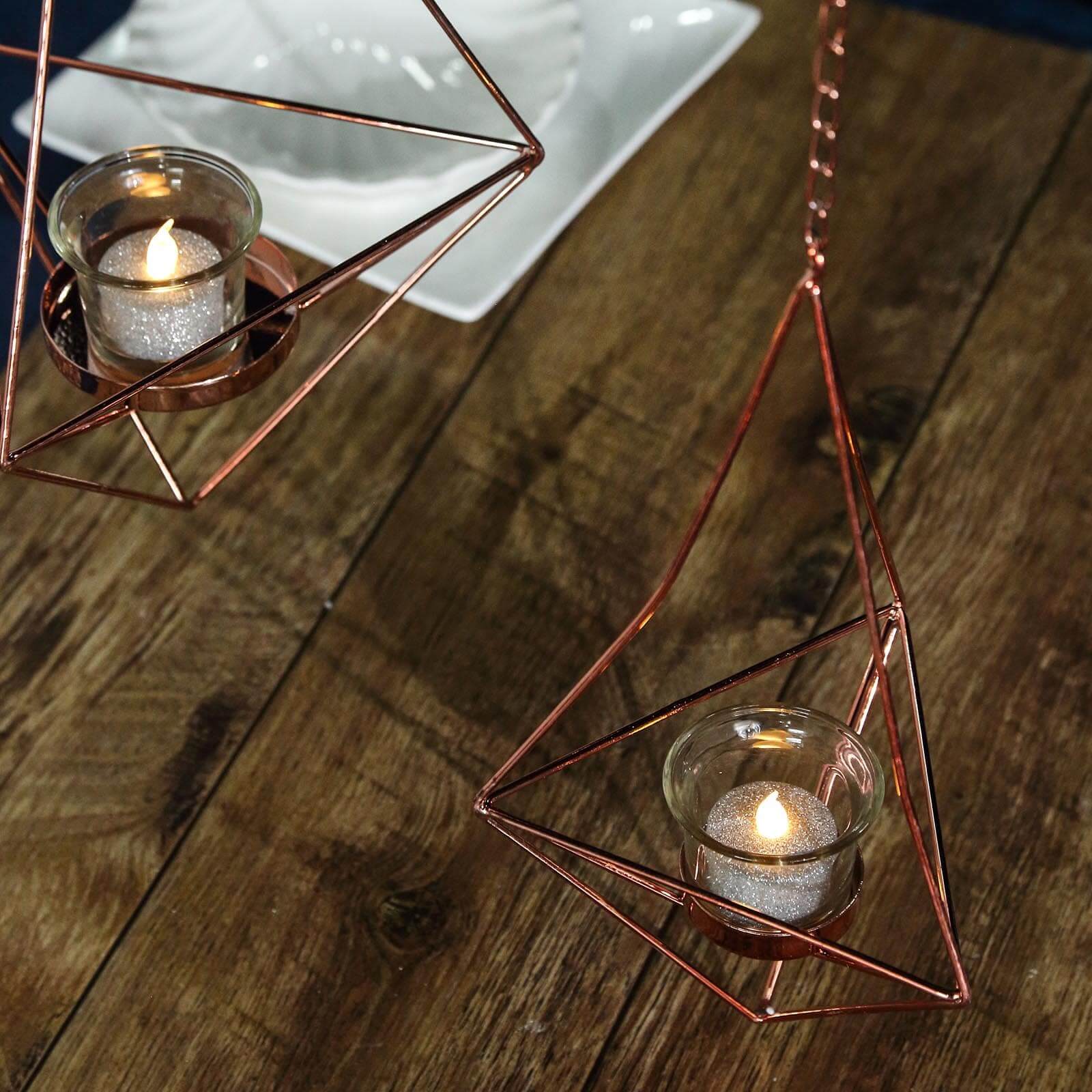 Set of 2 Hanging Tealight Candle Holders Rose Gold Metal Diamond Geometric Open Frame - Flower Terrariums 12", 15"