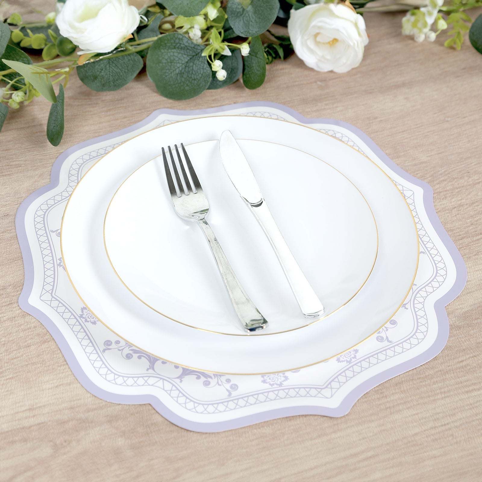 10-Pack Disposable Table Placemats 13" Round Placemats in White with Lavender Damask Floral Pattern & Scalloped Rim - 400GSM Cardboard Placemats for Stylish Table Setting