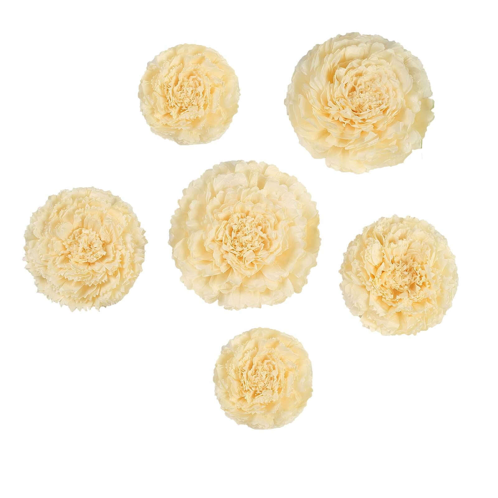 Set of 6 Ivory Cream Giant Carnation 3D Paper Flowers Wall Decor - 12",16",20"