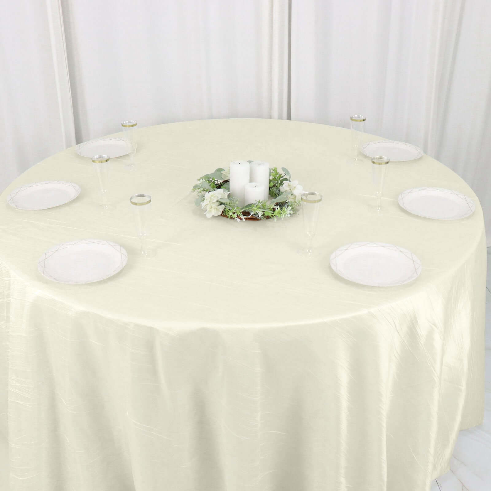 Taffeta 132" Round Tablecloth Ivory - Seamless Accordion Crinkle Table Cover