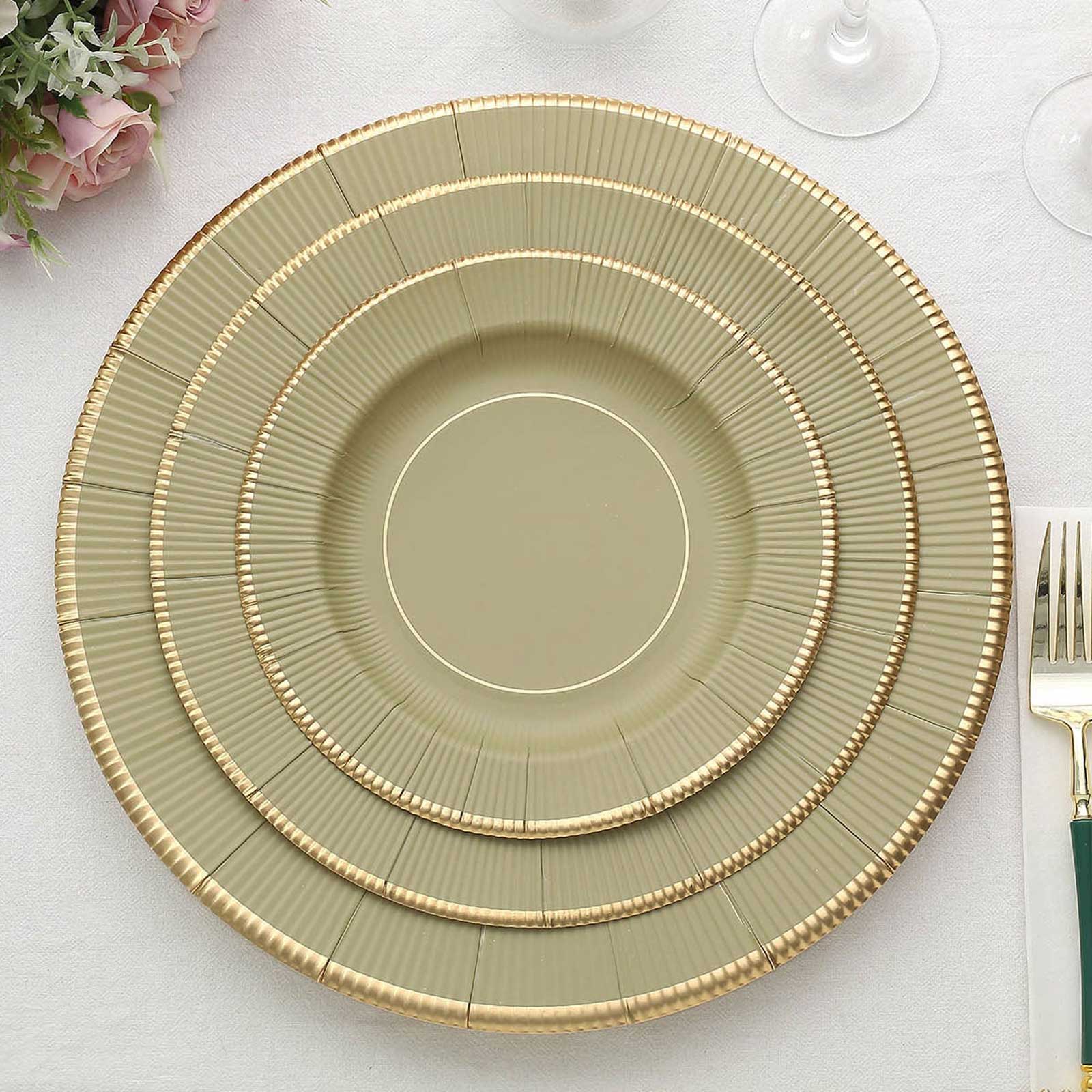 25-Pack Paper 8" Round Dessert Plates in Khaki Sunray Design with Gold Rim - Disposable Heavy Duty 350GSM Appetizer Salad Plates