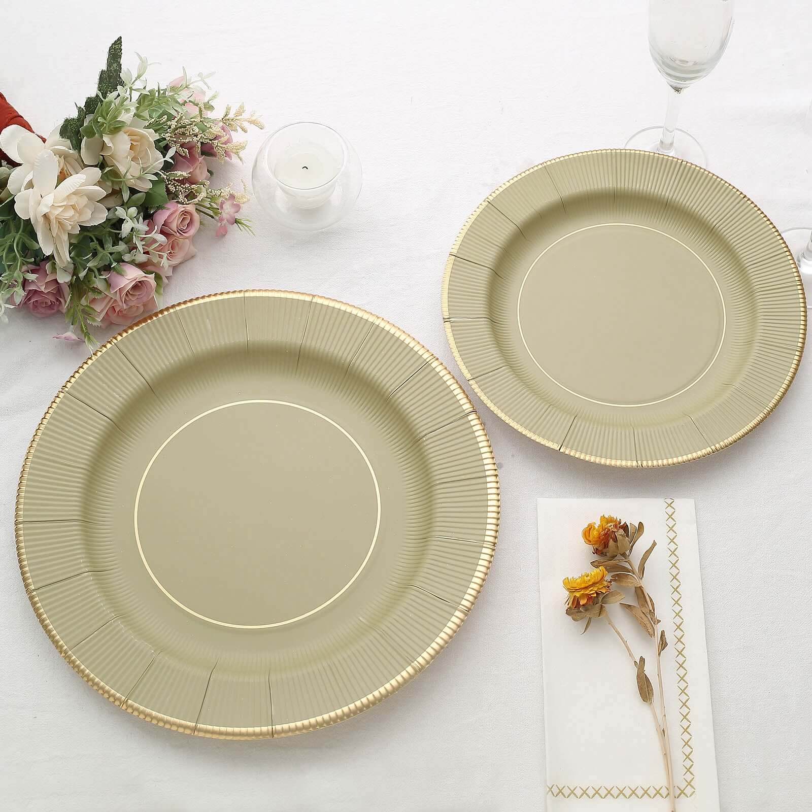 25-Pack Paper 10" Round Dinner Plates in Khaki Sunray Design with Gold Rim - Disposable Heavy Duty 350GSM Party Plates