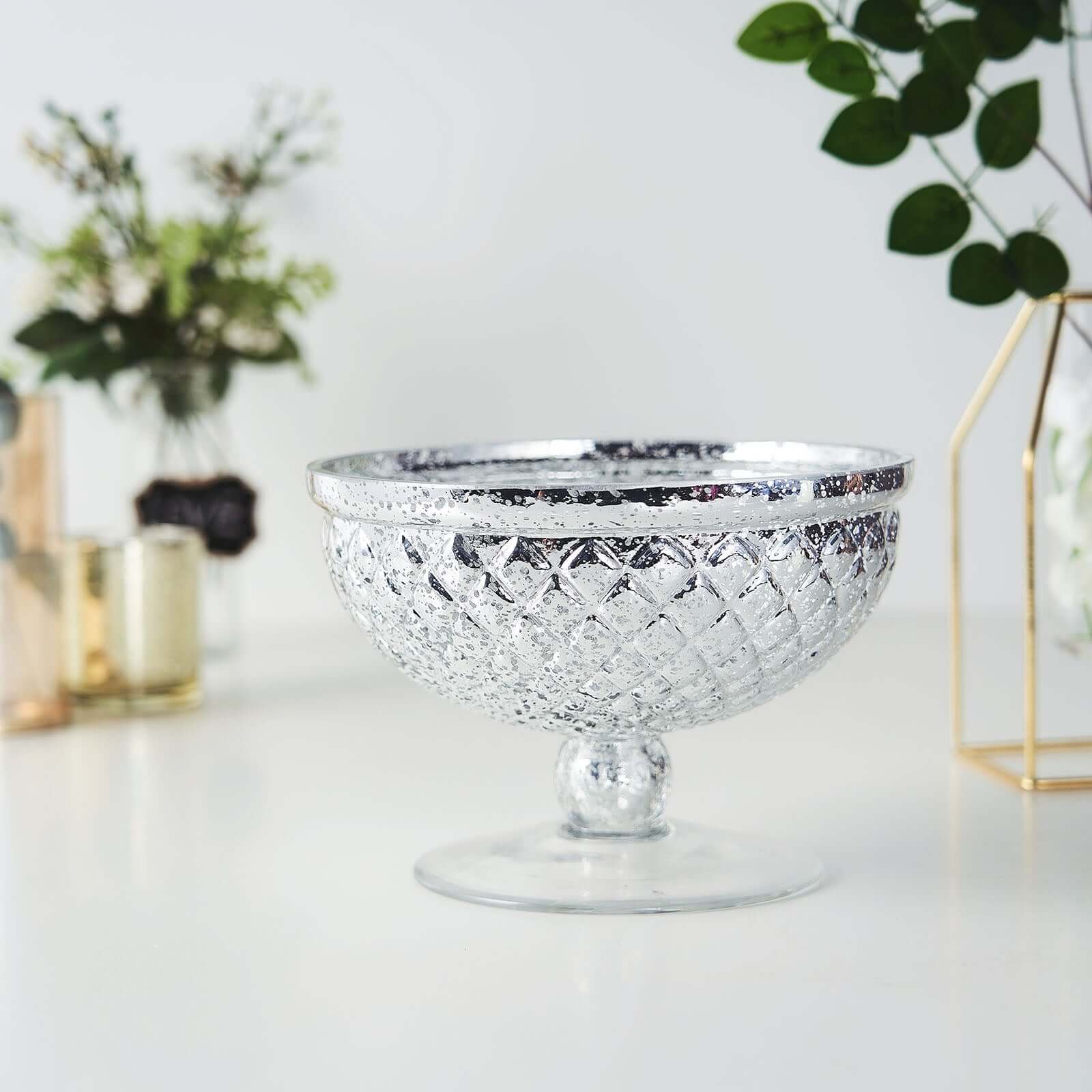Mercury Glass Pedestal Bowl Vase Compote Style Silver - Sophisticated Floral Table Decor for Events 8"