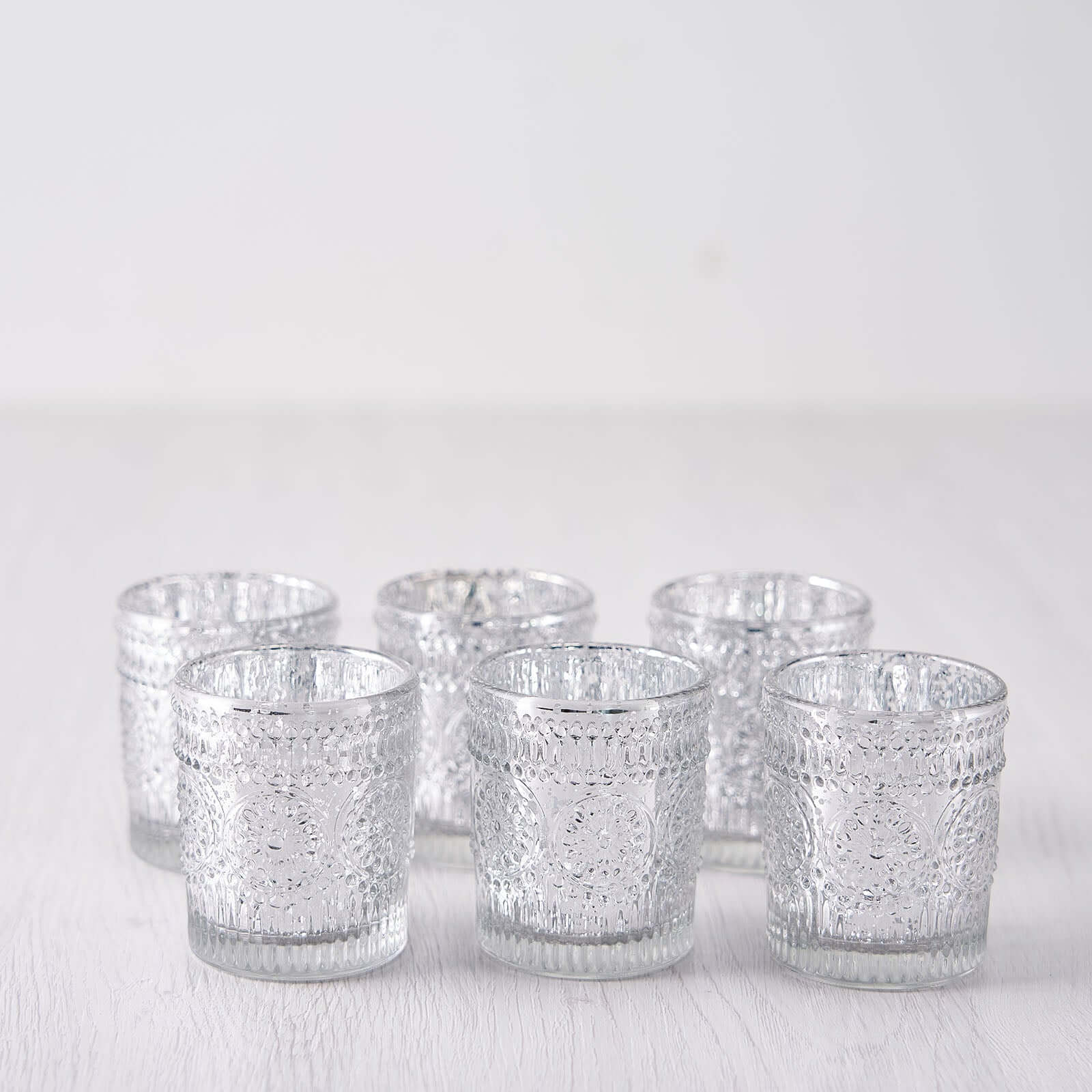 6-Pack Silver Glass Votive Tealight Holders - Stylish Primrose Design for Weddings & Décor