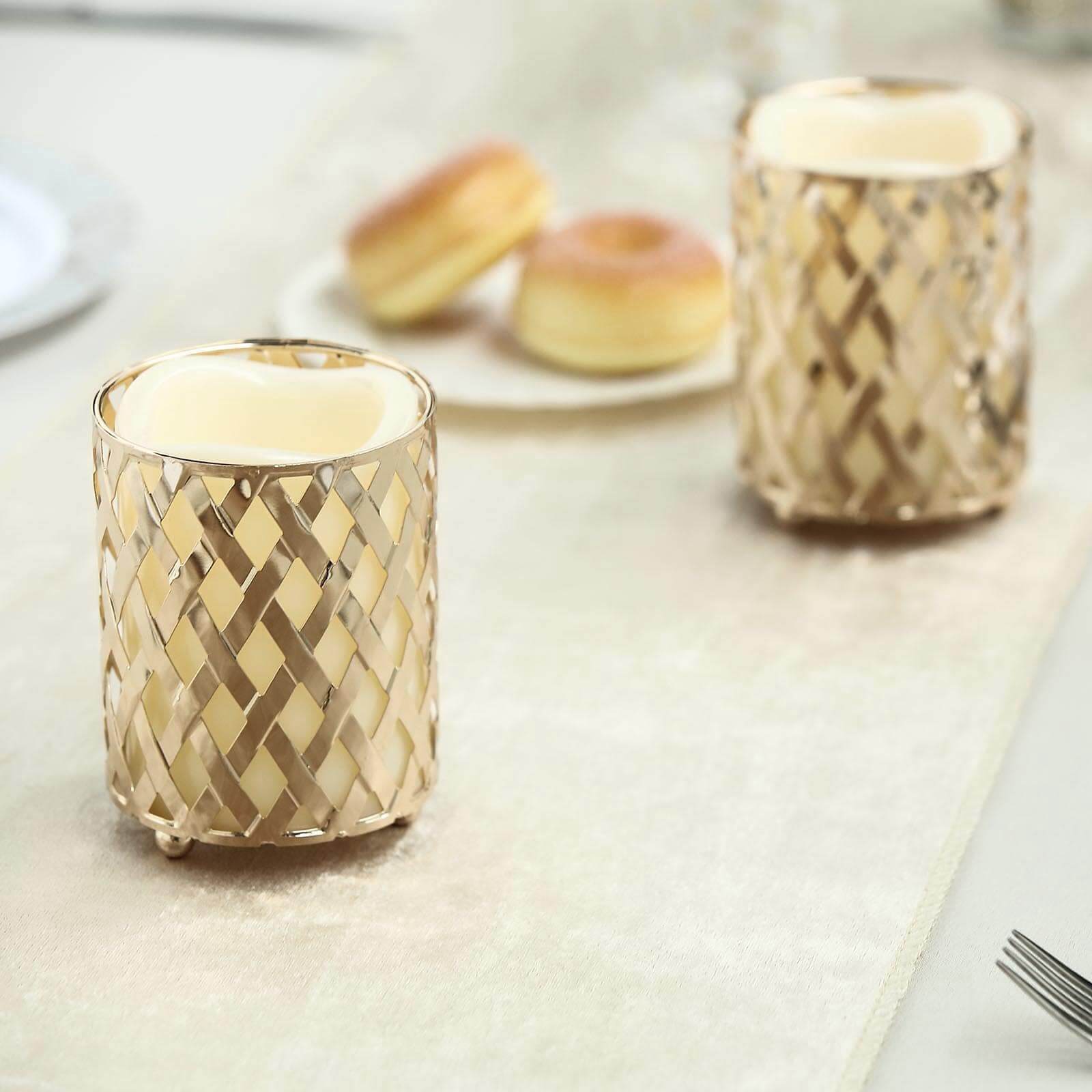 2-Pack Votive Candle Holders Gold Metal Diamond Cut Geometric Design - Perfect for Home Décor and Events 4"