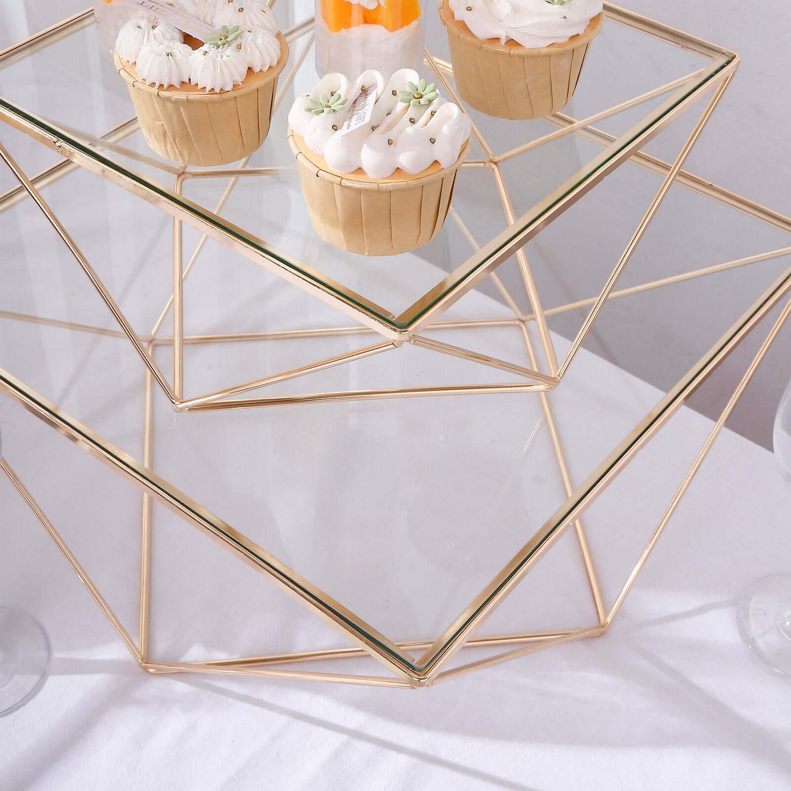 Set of 3 Metal Cake Dessert Stands Geometric Stackable Design Gold with Square Glass Top - Pedestal Display Centerpieces