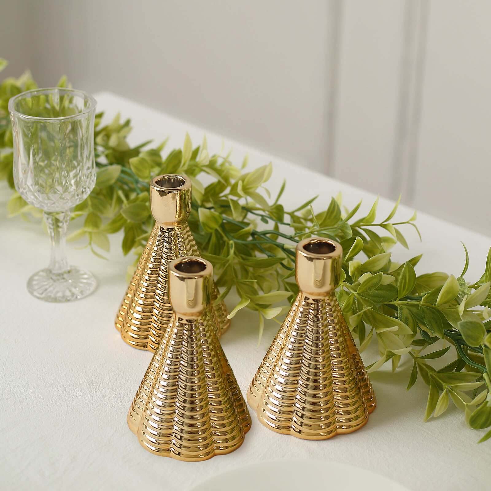 3-Pack Ceramic Taper Candle Holders Ribbed Cone Shaped Design Metallic Gold - Candlestick Stands for Decor 5"