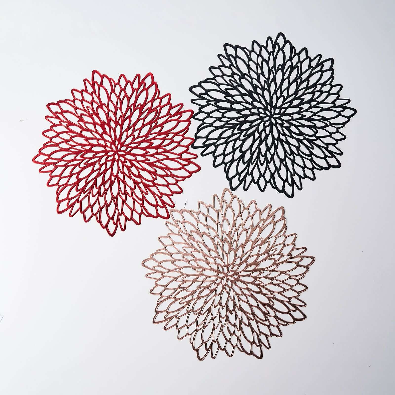 6-Pack Dining Table Mats Floral Design Rose Gold - Metallic Vinyl Round Non-Slip Mats for Tables 15"