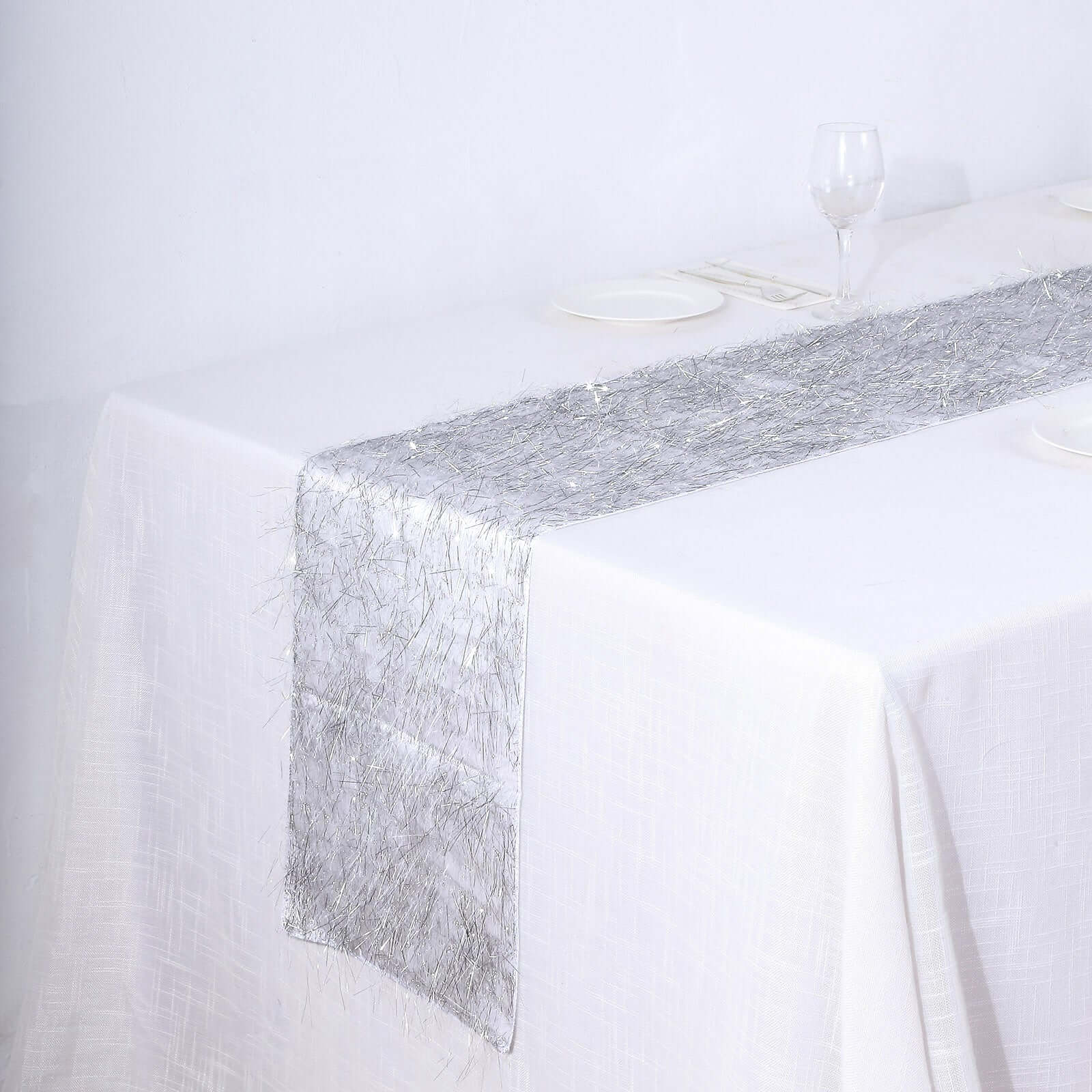 Metallic Tinsel Polyester 12"x108" Table Runner Silver - Shimmery Fringe Shag Table Decor