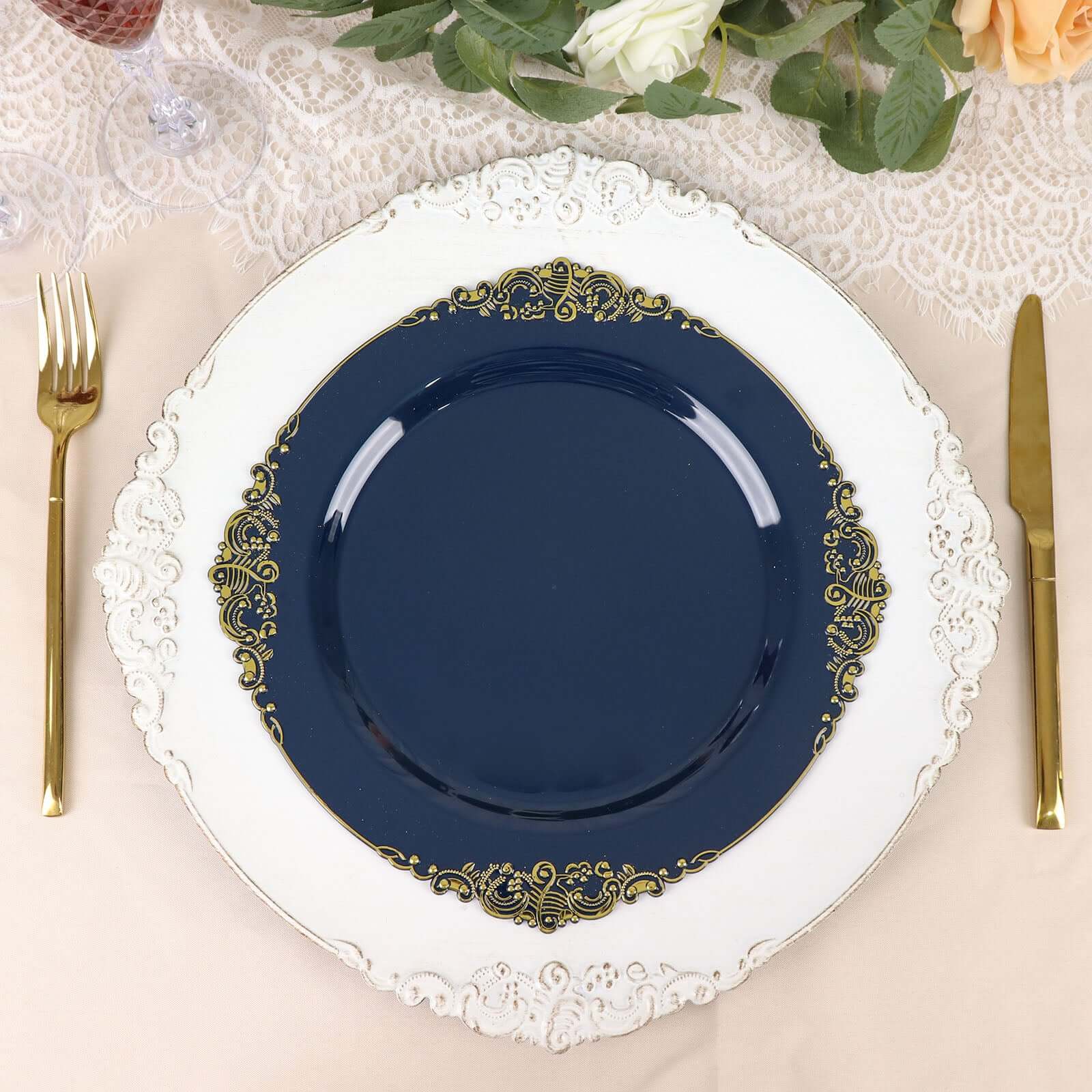 10-Pack Plastic 10" Round Dinner Plates in Navy Blue with Gold Leaf Embossed Rim - Disposable Vintage Baroque Style Plates
