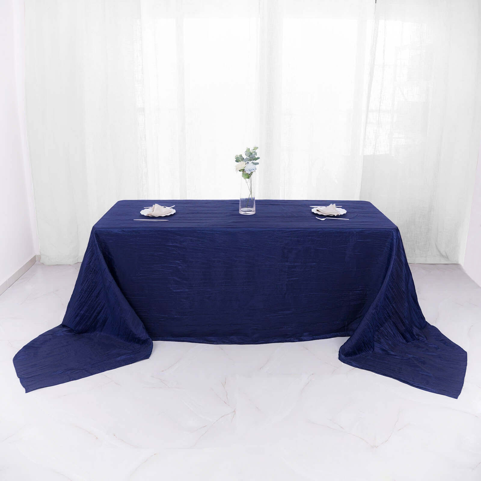 Taffeta 90"x156" Rectangle Tablecloth Navy Blue - Accordion Crinkle Seamless Table Cover