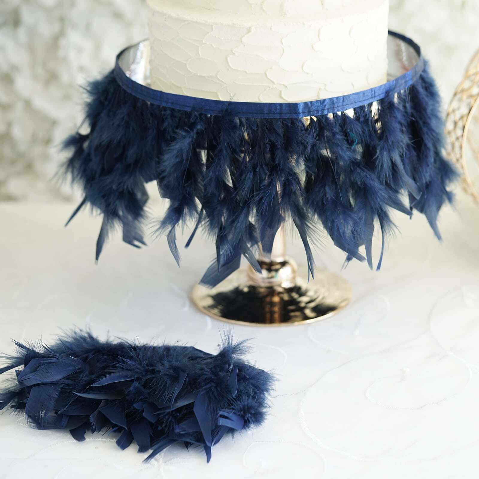 39" Navy Blue Real Turkey Feather Fringe Trim With Satin Ribbon Tape
