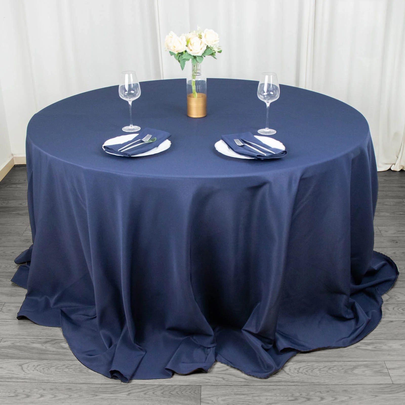 Fire Retardant Premium Polyester 132" Round Tablecloth Navy Blue - High-Performance Seamless Table Cover
