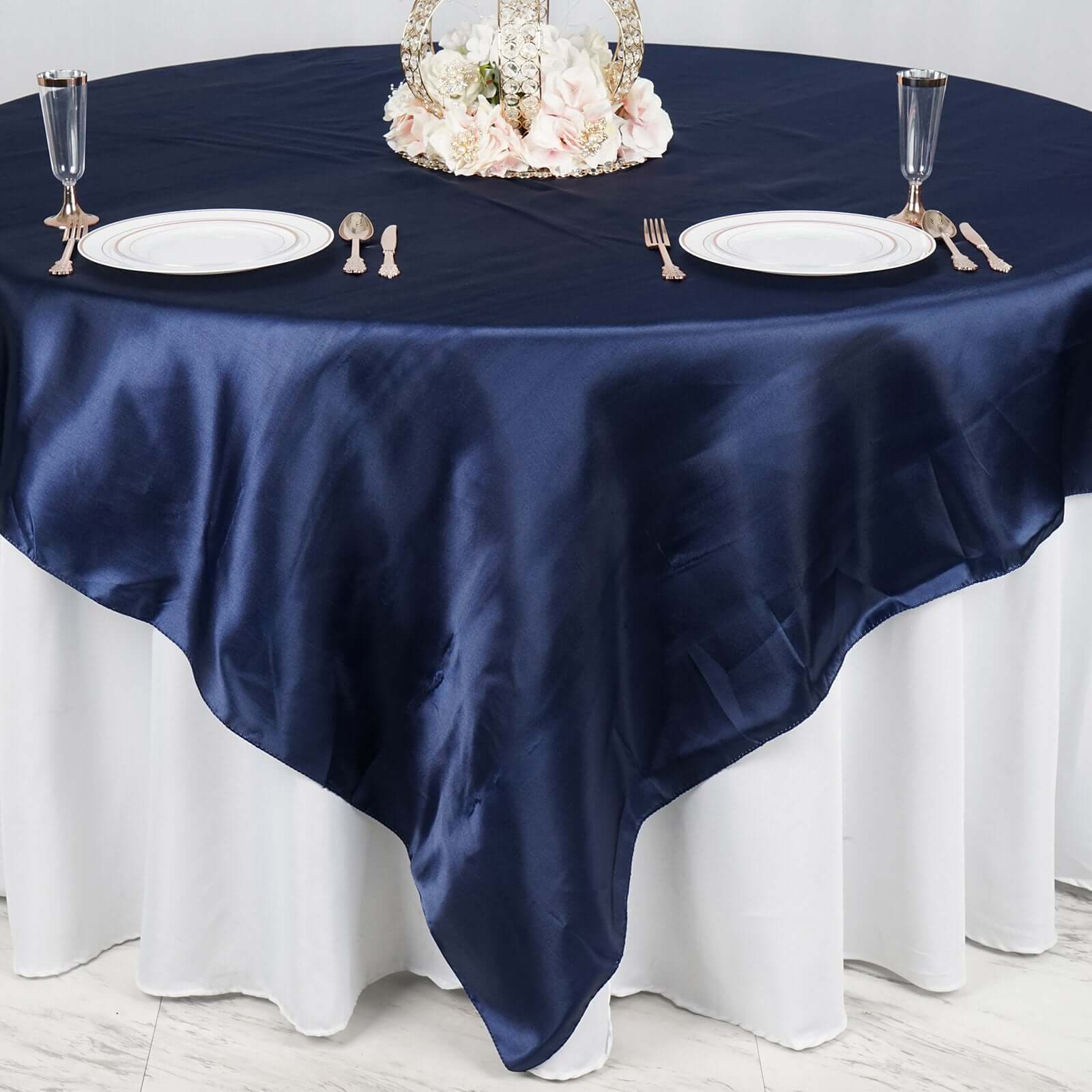Satin 90"x90" Table Overlay Square Tablecloth Navy Blue - Smooth Finish Table Topper