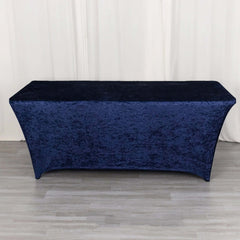 Crushed Velvet Fitted Rectangular 6ft Table Cover Navy Blue - Wrinkle-Free Stretchy Tablecloth