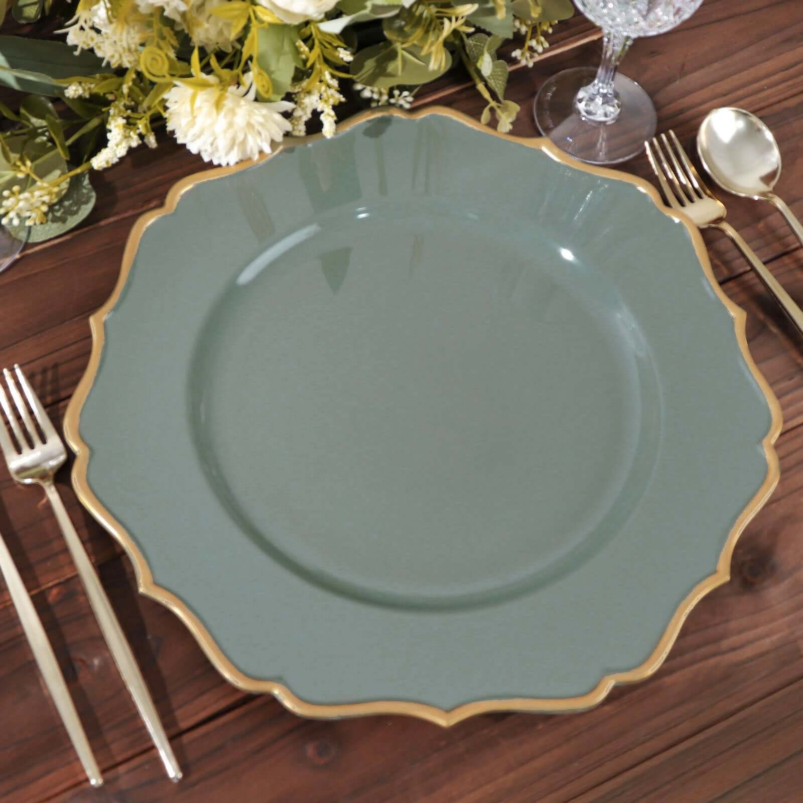 6-Pack Acrylic Round Charger Plates 13" in Olive Green with Gold Scalloped Rim, Decorative Dinner Party Plastic Charger Tableware