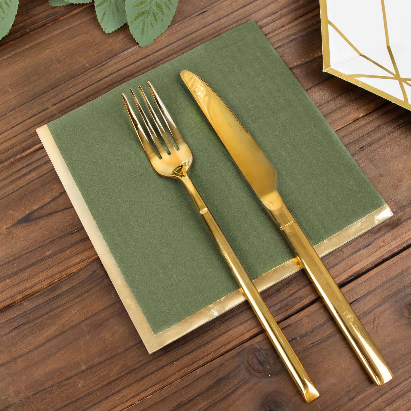 50-Pack Paper Beverage Napkins with Gold Foil Olive Green - Disposable 2 Ply Cocktail Napkins for Events 6.5"x6.5"