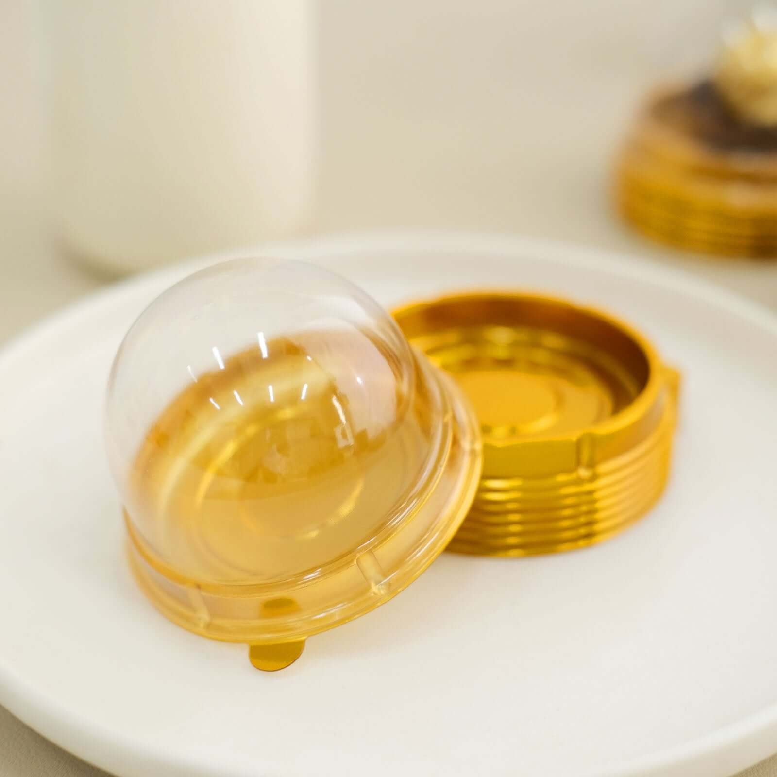 50-Pack Favor Containers Round Dome Design Gold and Clear - Plastic Party Boxes for Cupcakes and Sweets 3"